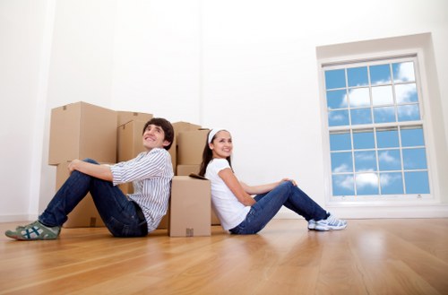 Safety equipment and packed moving boxes in a van