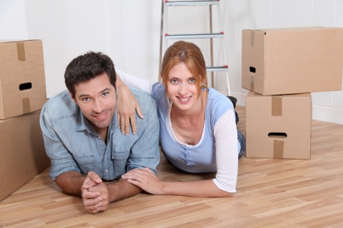 Packed office furniture and boxes ready for transport